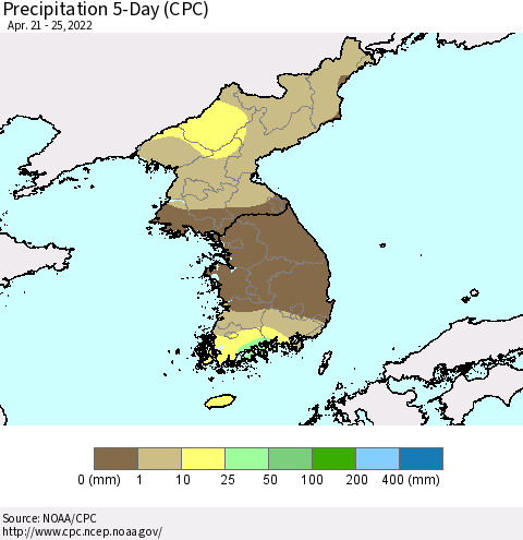 Korea Precipitation 5-Day (CPC) Thematic Map For 4/21/2022 - 4/25/2022