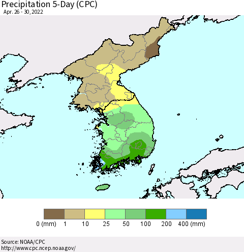 Korea Precipitation 5-Day (CPC) Thematic Map For 4/26/2022 - 4/30/2022