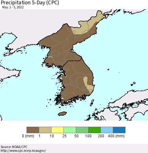 Korea Precipitation 5-Day (CPC) Thematic Map For 5/1/2022 - 5/5/2022