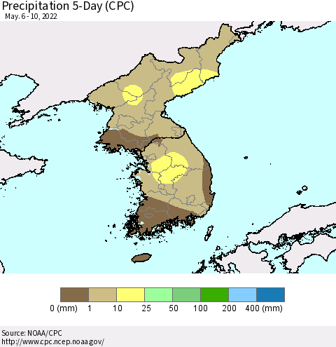 Korea Precipitation 5-Day (CPC) Thematic Map For 5/6/2022 - 5/10/2022