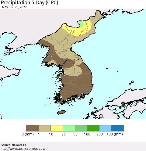 Korea Precipitation 5-Day (CPC) Thematic Map For 5/16/2022 - 5/20/2022