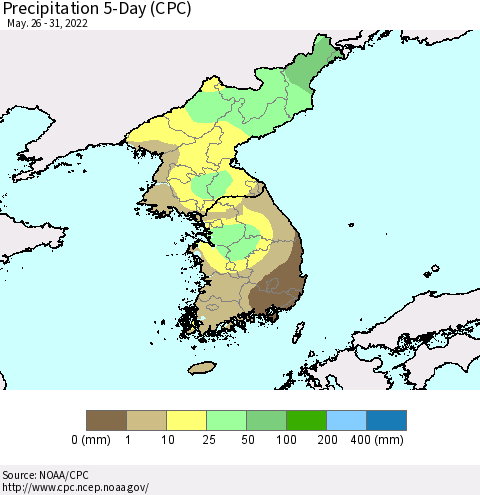 Korea Precipitation 5-Day (CPC) Thematic Map For 5/26/2022 - 5/31/2022