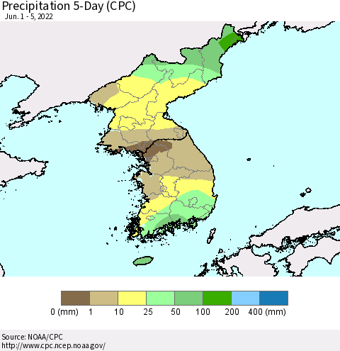 Korea Precipitation 5-Day (CPC) Thematic Map For 6/1/2022 - 6/5/2022