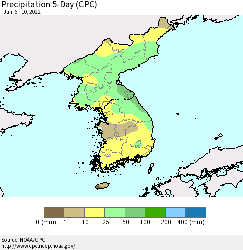 Korea Precipitation 5-Day (CPC) Thematic Map For 6/6/2022 - 6/10/2022