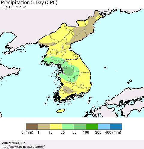 Korea Precipitation 5-Day (CPC) Thematic Map For 6/11/2022 - 6/15/2022