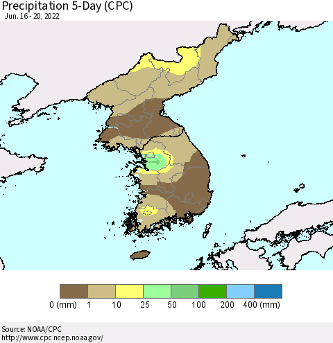 Korea Precipitation 5-Day (CPC) Thematic Map For 6/16/2022 - 6/20/2022