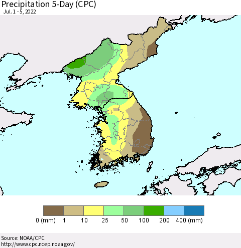 Korea Precipitation 5-Day (CPC) Thematic Map For 7/1/2022 - 7/5/2022