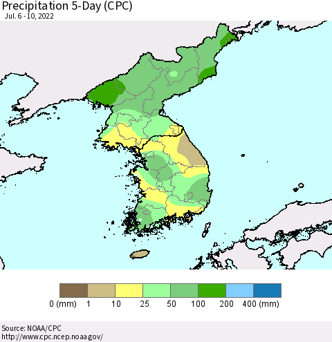 Korea Precipitation 5-Day (CPC) Thematic Map For 7/6/2022 - 7/10/2022