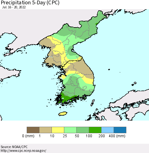 Korea Precipitation 5-Day (CPC) Thematic Map For 7/16/2022 - 7/20/2022