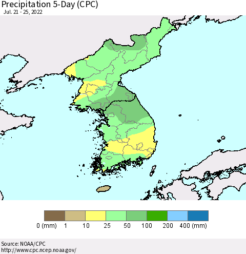 Korea Precipitation 5-Day (CPC) Thematic Map For 7/21/2022 - 7/25/2022