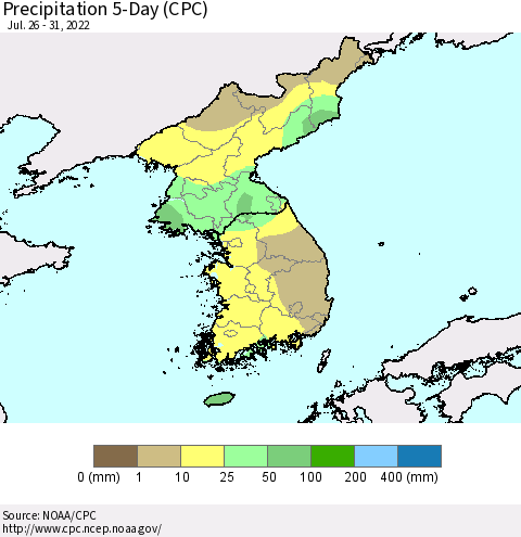 Korea Precipitation 5-Day (CPC) Thematic Map For 7/26/2022 - 7/31/2022