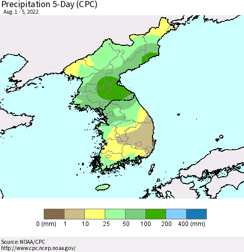 Korea Precipitation 5-Day (CPC) Thematic Map For 8/1/2022 - 8/5/2022