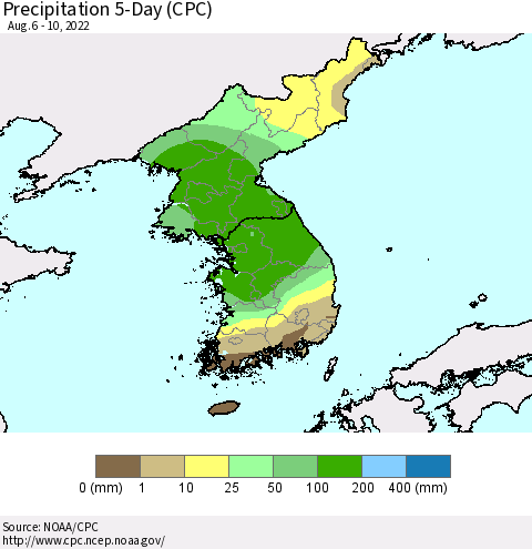 Korea Precipitation 5-Day (CPC) Thematic Map For 8/6/2022 - 8/10/2022