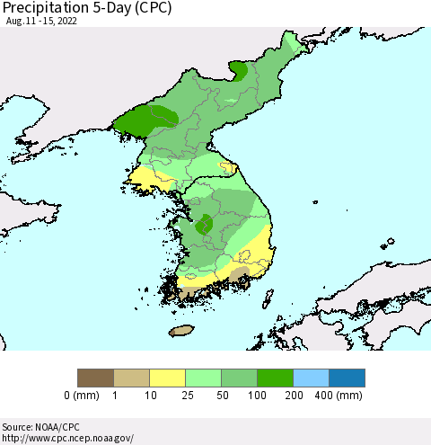 Korea Precipitation 5-Day (CPC) Thematic Map For 8/11/2022 - 8/15/2022