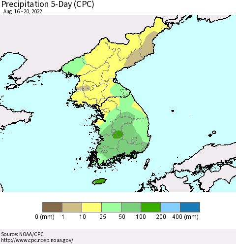 Korea Precipitation 5-Day (CPC) Thematic Map For 8/16/2022 - 8/20/2022