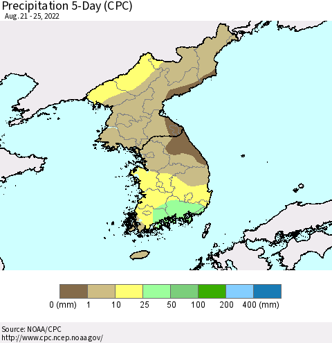 Korea Precipitation 5-Day (CPC) Thematic Map For 8/21/2022 - 8/25/2022