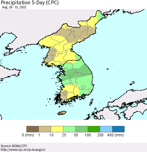 Korea Precipitation 5-Day (CPC) Thematic Map For 8/26/2022 - 8/31/2022