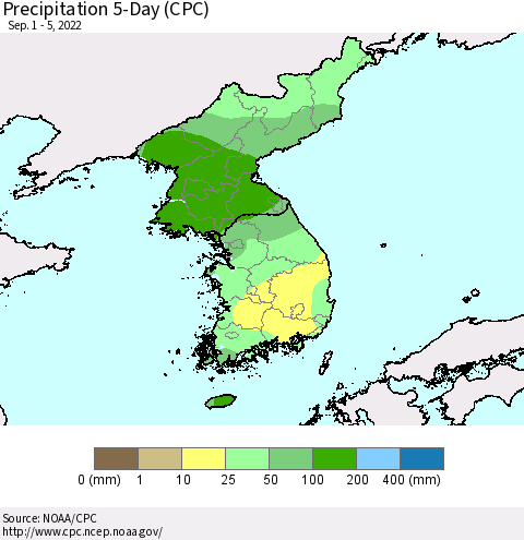 Korea Precipitation 5-Day (CPC) Thematic Map For 9/1/2022 - 9/5/2022
