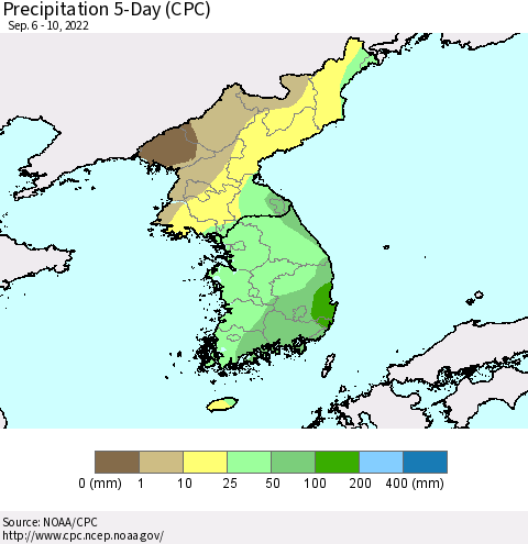 Korea Precipitation 5-Day (CPC) Thematic Map For 9/6/2022 - 9/10/2022