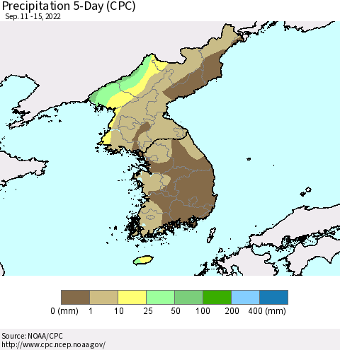 Korea Precipitation 5-Day (CPC) Thematic Map For 9/11/2022 - 9/15/2022