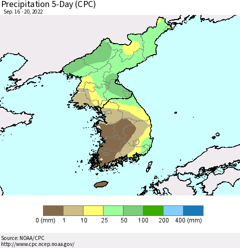 Korea Precipitation 5-Day (CPC) Thematic Map For 9/16/2022 - 9/20/2022