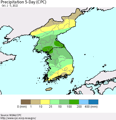 Korea Precipitation 5-Day (CPC) Thematic Map For 10/1/2022 - 10/5/2022