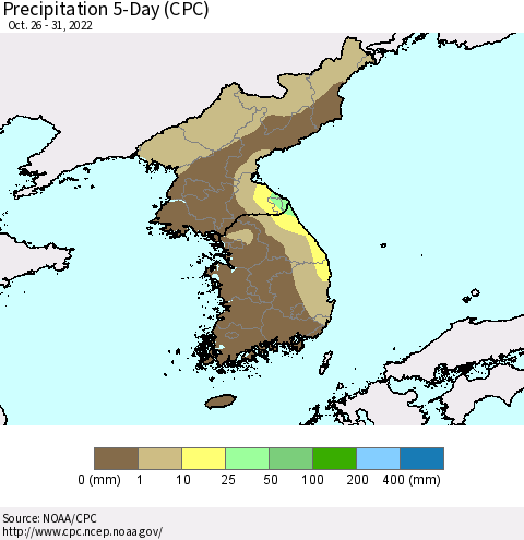 Korea Precipitation 5-Day (CPC) Thematic Map For 10/26/2022 - 10/31/2022