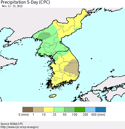 Korea Precipitation 5-Day (CPC) Thematic Map For 11/11/2022 - 11/15/2022
