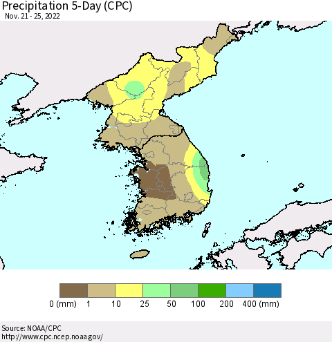 Korea Precipitation 5-Day (CPC) Thematic Map For 11/21/2022 - 11/25/2022