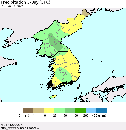 Korea Precipitation 5-Day (CPC) Thematic Map For 11/26/2022 - 11/30/2022
