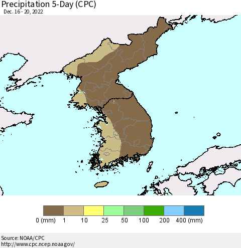 Korea Precipitation 5-Day (CPC) Thematic Map For 12/16/2022 - 12/20/2022