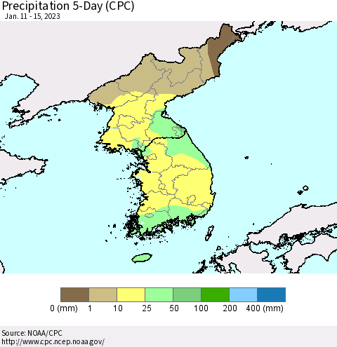 Korea Precipitation 5-Day (CPC) Thematic Map For 1/11/2023 - 1/15/2023