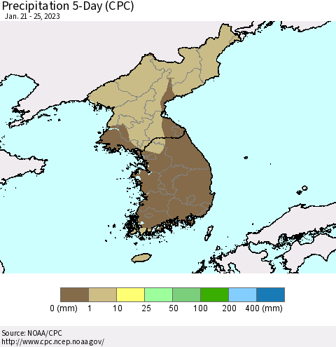 Korea Precipitation 5-Day (CPC) Thematic Map For 1/21/2023 - 1/25/2023