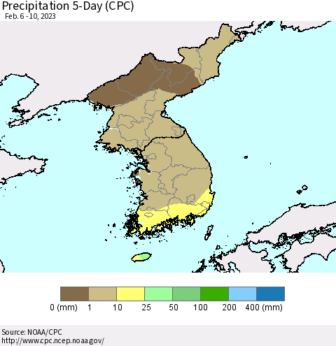Korea Precipitation 5-Day (CPC) Thematic Map For 2/6/2023 - 2/10/2023