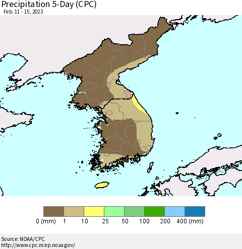 Korea Precipitation 5-Day (CPC) Thematic Map For 2/11/2023 - 2/15/2023