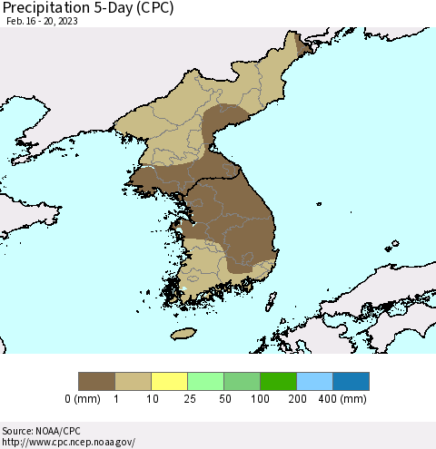 Korea Precipitation 5-Day (CPC) Thematic Map For 2/16/2023 - 2/20/2023