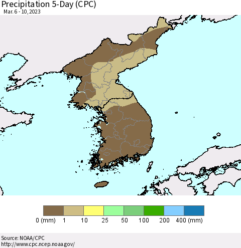 Korea Precipitation 5-Day (CPC) Thematic Map For 3/6/2023 - 3/10/2023