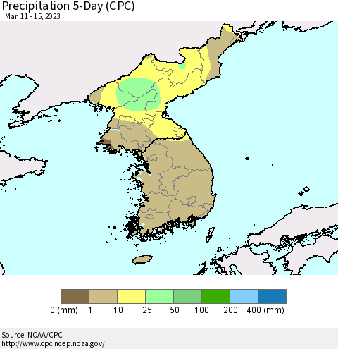Korea Precipitation 5-Day (CPC) Thematic Map For 3/11/2023 - 3/15/2023