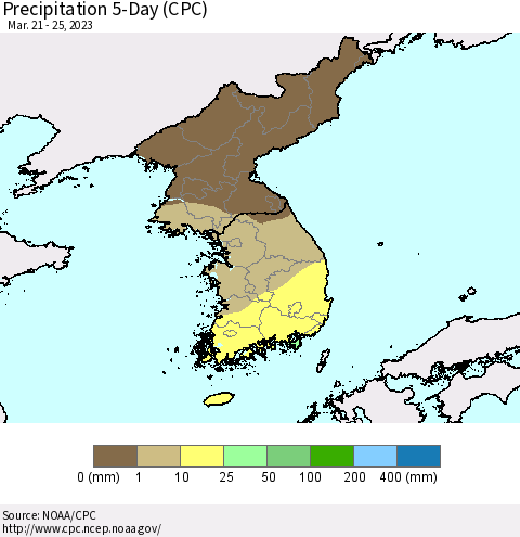 Korea Precipitation 5-Day (CPC) Thematic Map For 3/21/2023 - 3/25/2023