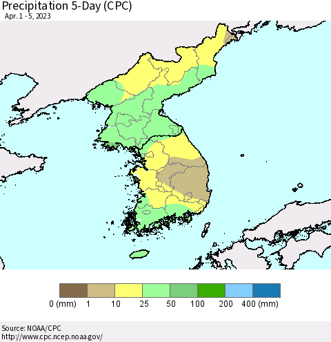 Korea Precipitation 5-Day (CPC) Thematic Map For 4/1/2023 - 4/5/2023
