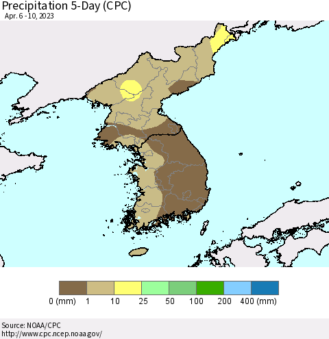 Korea Precipitation 5-Day (CPC) Thematic Map For 4/6/2023 - 4/10/2023