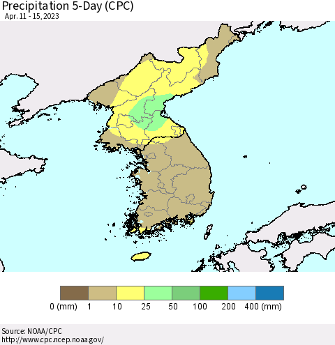 Korea Precipitation 5-Day (CPC) Thematic Map For 4/11/2023 - 4/15/2023