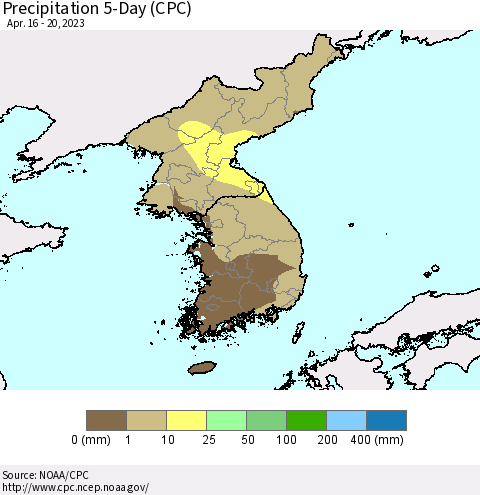 Korea Precipitation 5-Day (CPC) Thematic Map For 4/16/2023 - 4/20/2023