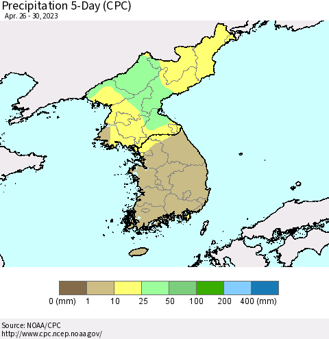 Korea Precipitation 5-Day (CPC) Thematic Map For 4/26/2023 - 4/30/2023