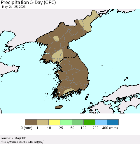 Korea Precipitation 5-Day (CPC) Thematic Map For 5/21/2023 - 5/25/2023