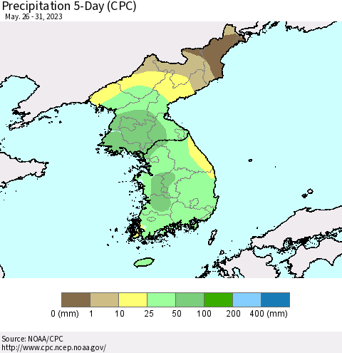 Korea Precipitation 5-Day (CPC) Thematic Map For 5/26/2023 - 5/31/2023