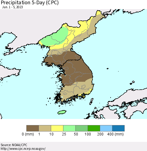 Korea Precipitation 5-Day (CPC) Thematic Map For 6/1/2023 - 6/5/2023