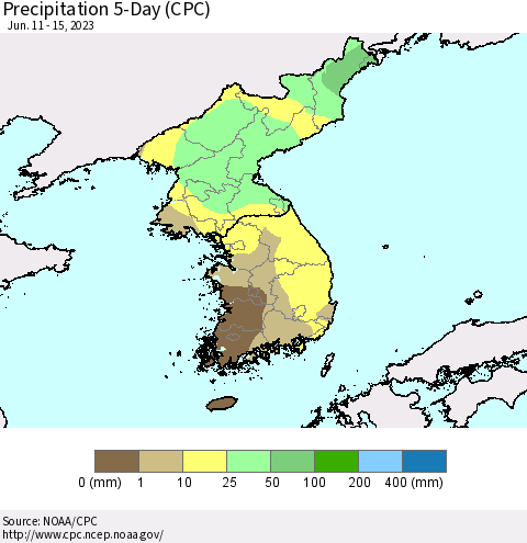 Korea Precipitation 5-Day (CPC) Thematic Map For 6/11/2023 - 6/15/2023