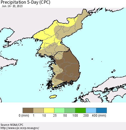 Korea Precipitation 5-Day (CPC) Thematic Map For 6/16/2023 - 6/20/2023
