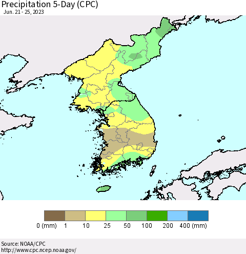 Korea Precipitation 5-Day (CPC) Thematic Map For 6/21/2023 - 6/25/2023